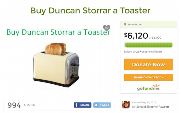 Legends Raise Over $6000 In Just 5 Hours To Buy Duncan From Q&A A Toaster