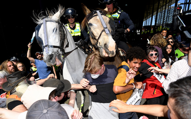 Woman Hospitalised After Police Horses Deployed To Move On VIC Mining Conference Protesters