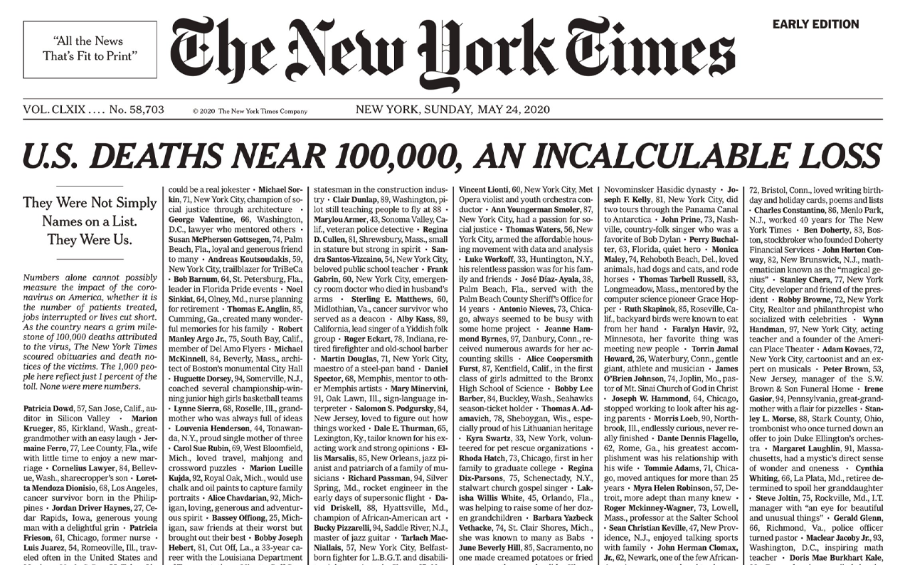 The New York Times Ran A Sobering Front Page Proving COVID-19 Deaths Are More Than Just Stats