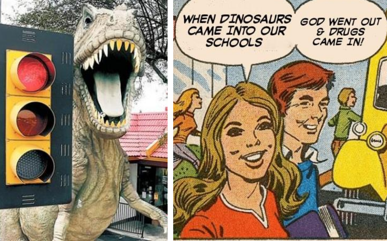 The ‘Christians Against Dinosaurs’ FB Group Is Going To War Against This Poor Old Macca’s Dino