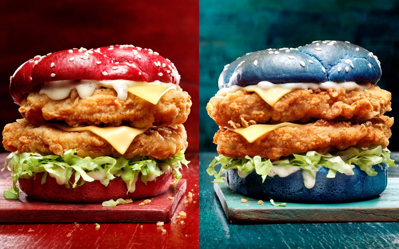 KFC Has Infiltrated The Footy Snack Table With Blue & Red (?) State Of Origin Burgers
