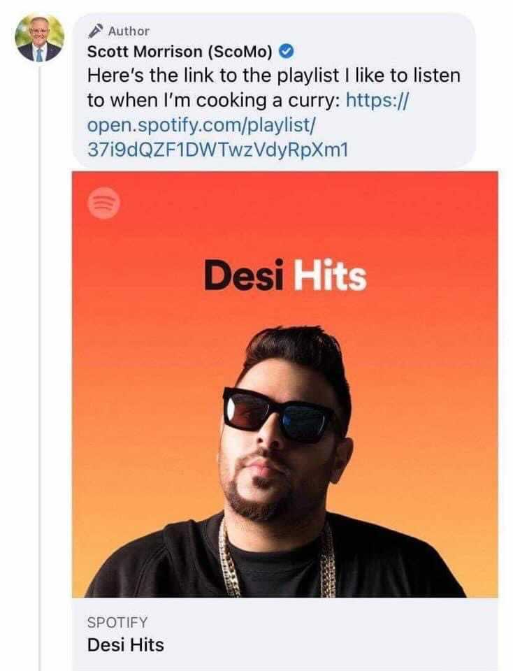 A screenshot of Scott Morrison's Facebook comment saying he listens to Desi Music.