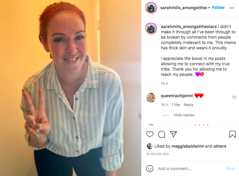Sarah Mills compared lockdown to the Holocaust on Instagram.