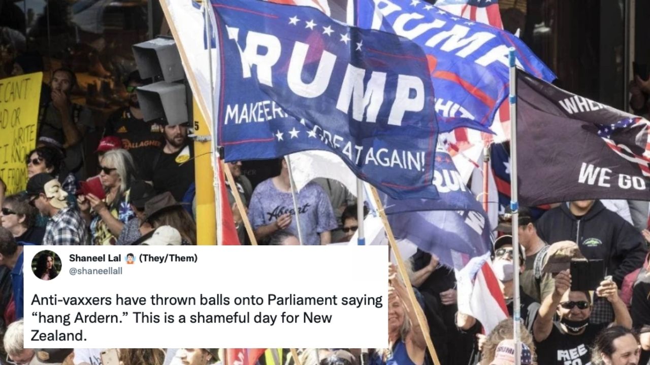 3000 Anti-Vaxxers Protested At New Zealand’s Parliament Today & Yes There Were Trump Flags