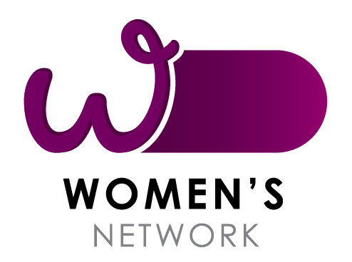 Moterų tinklo logotipas, kuris yra violetinis ir falinis.